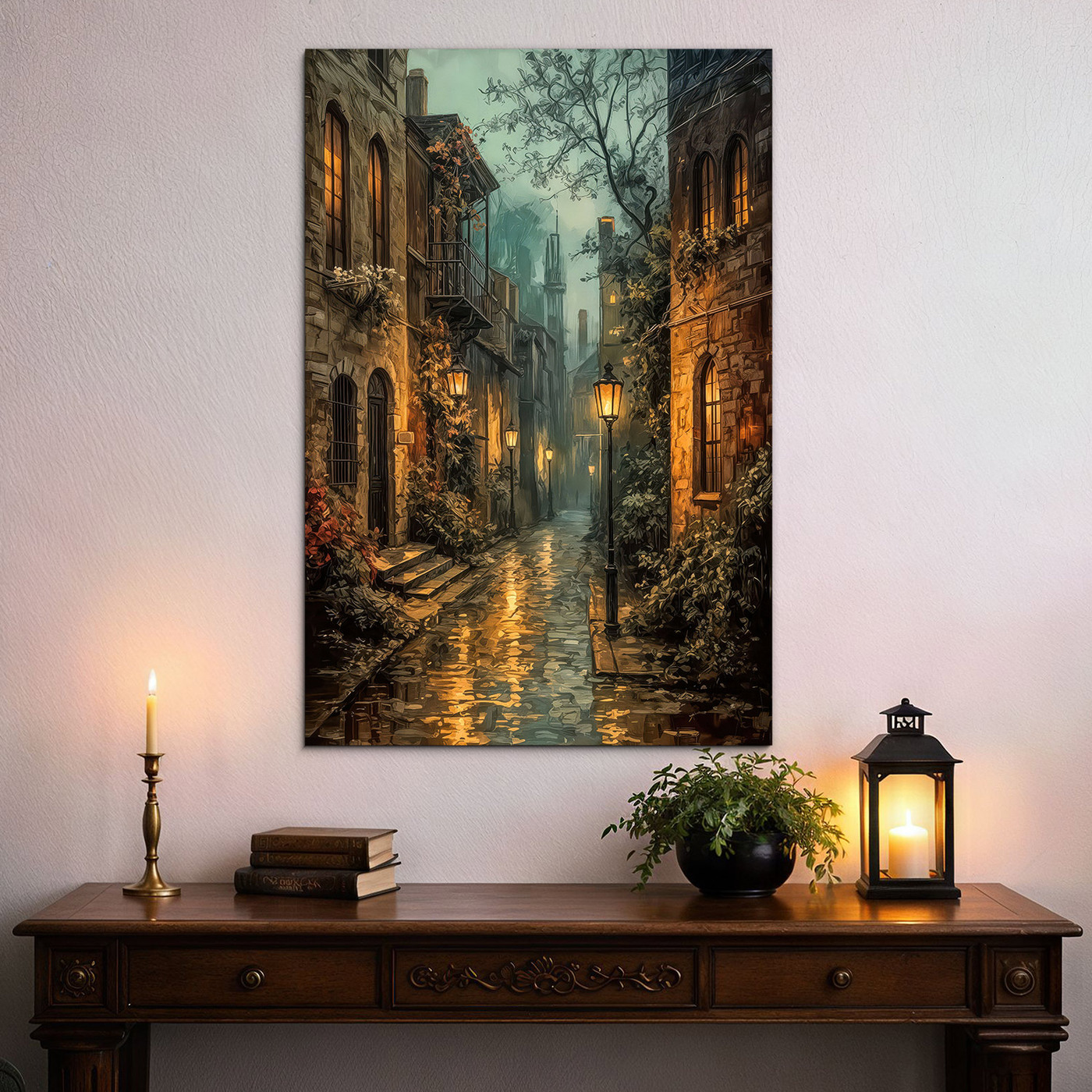 Modern painting on wood - Atmosphere of an evening city