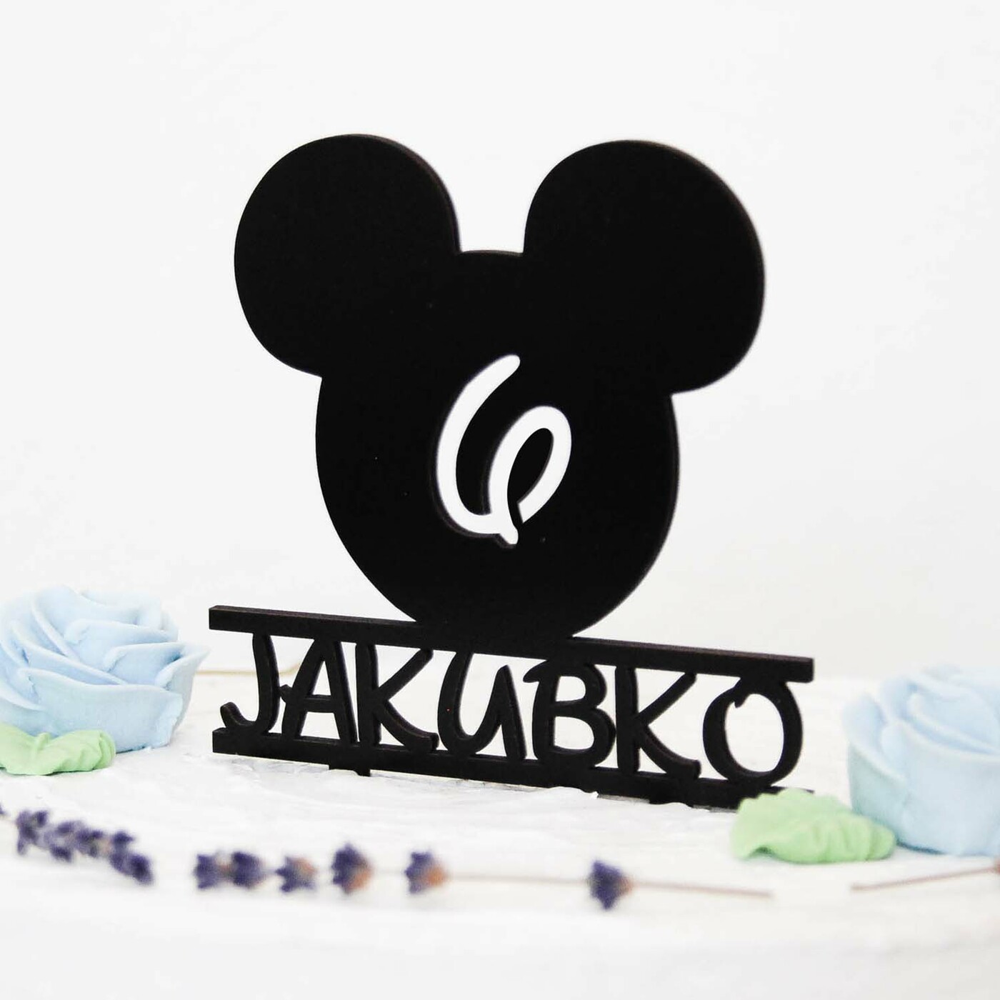 Drevený zápich do torty s menom a vekom - Mickey Mouse | Čierna