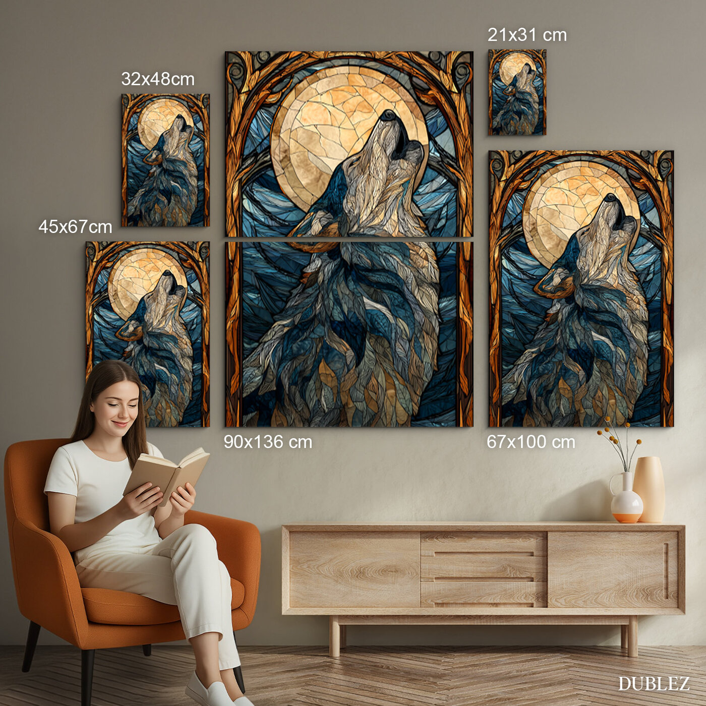 Drevený obraz - Vlk v štýle vitráže