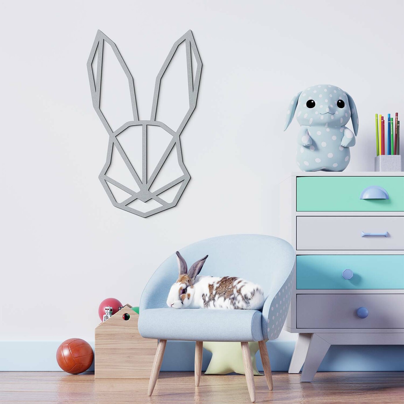 Drevený obraz - Polygonálny zajac | Strieborná