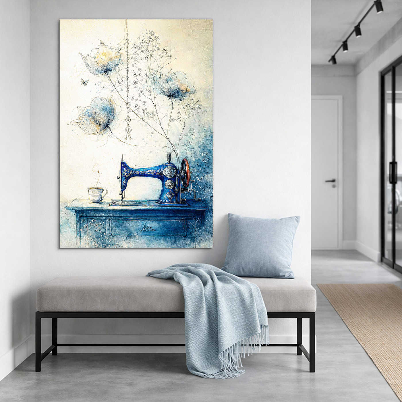 Modrý vintage obraz - Šijací stroj a kvety