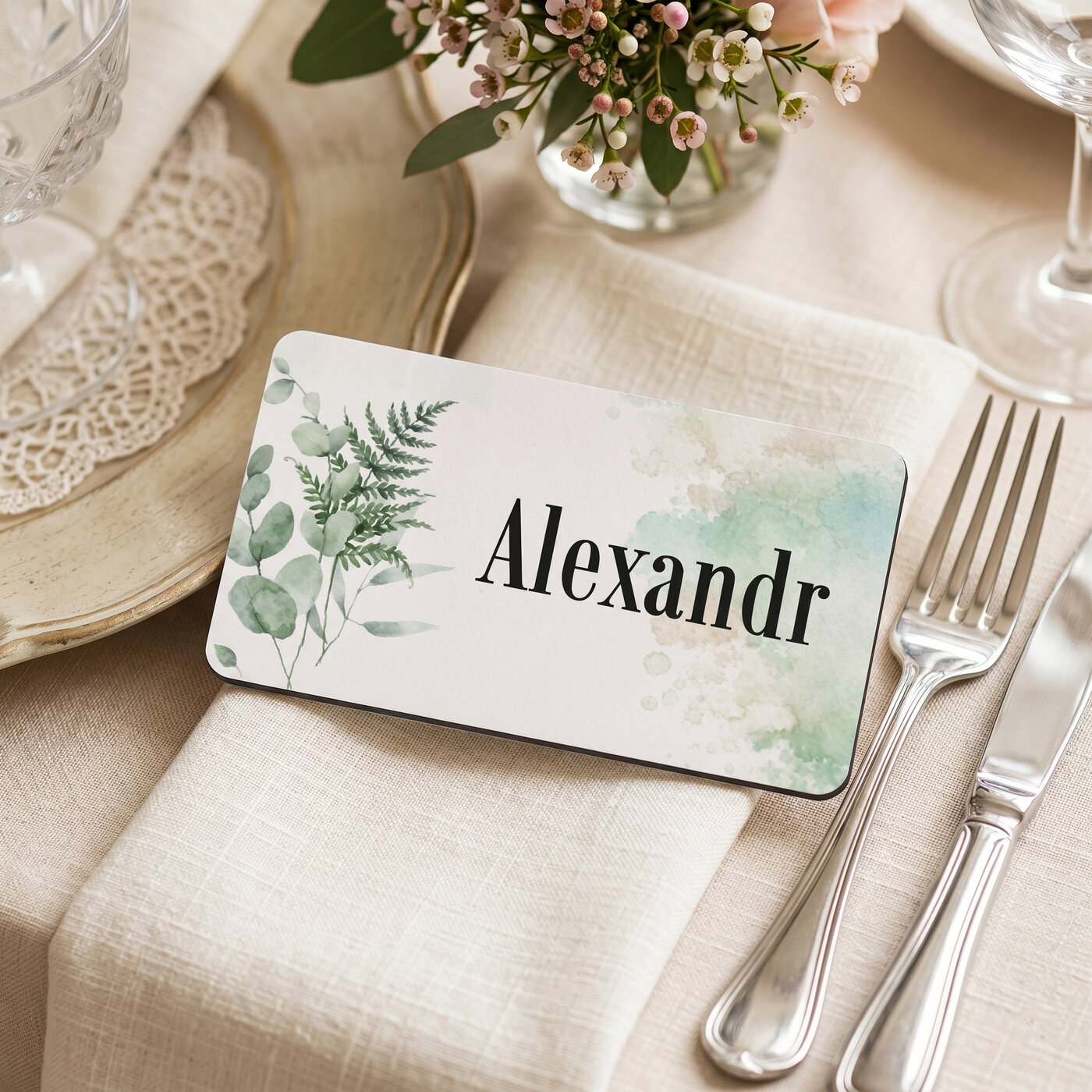 Wooden wedding place cards - Watercolor leaves