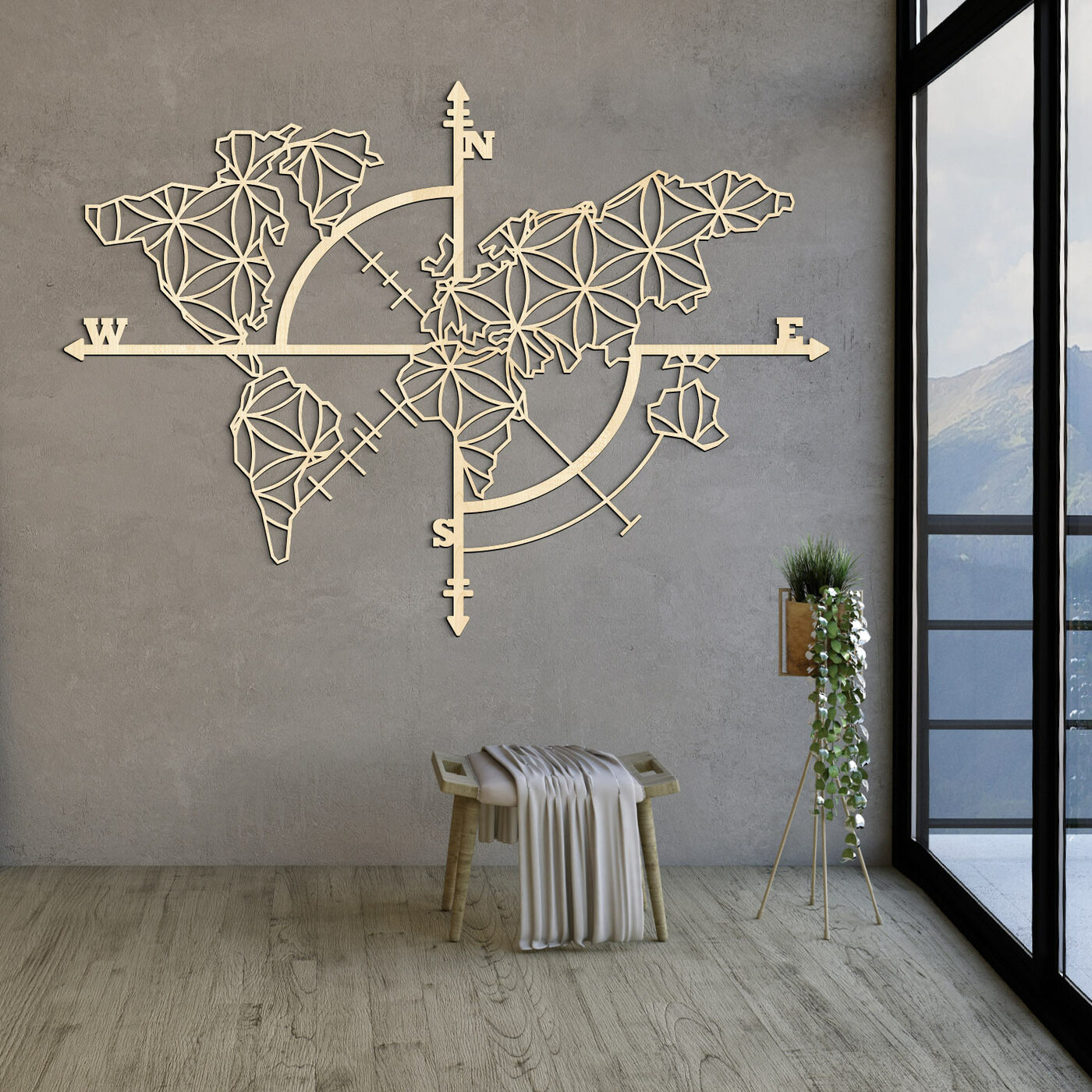 Wooden Map on the Wall - Compass | Maple
