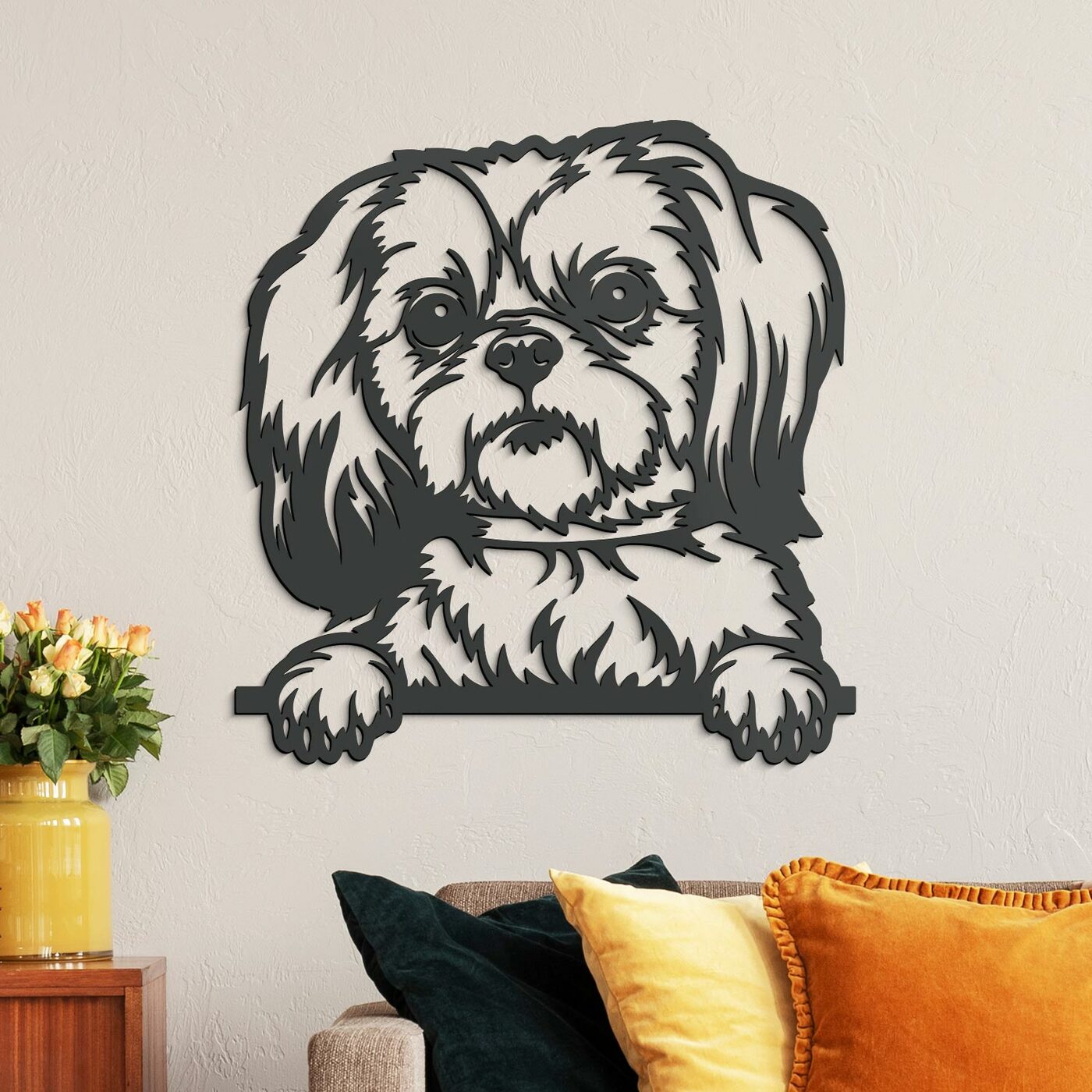 Drevená dekorácia na stenu - Shih Tzu | Antracitovo-šedá