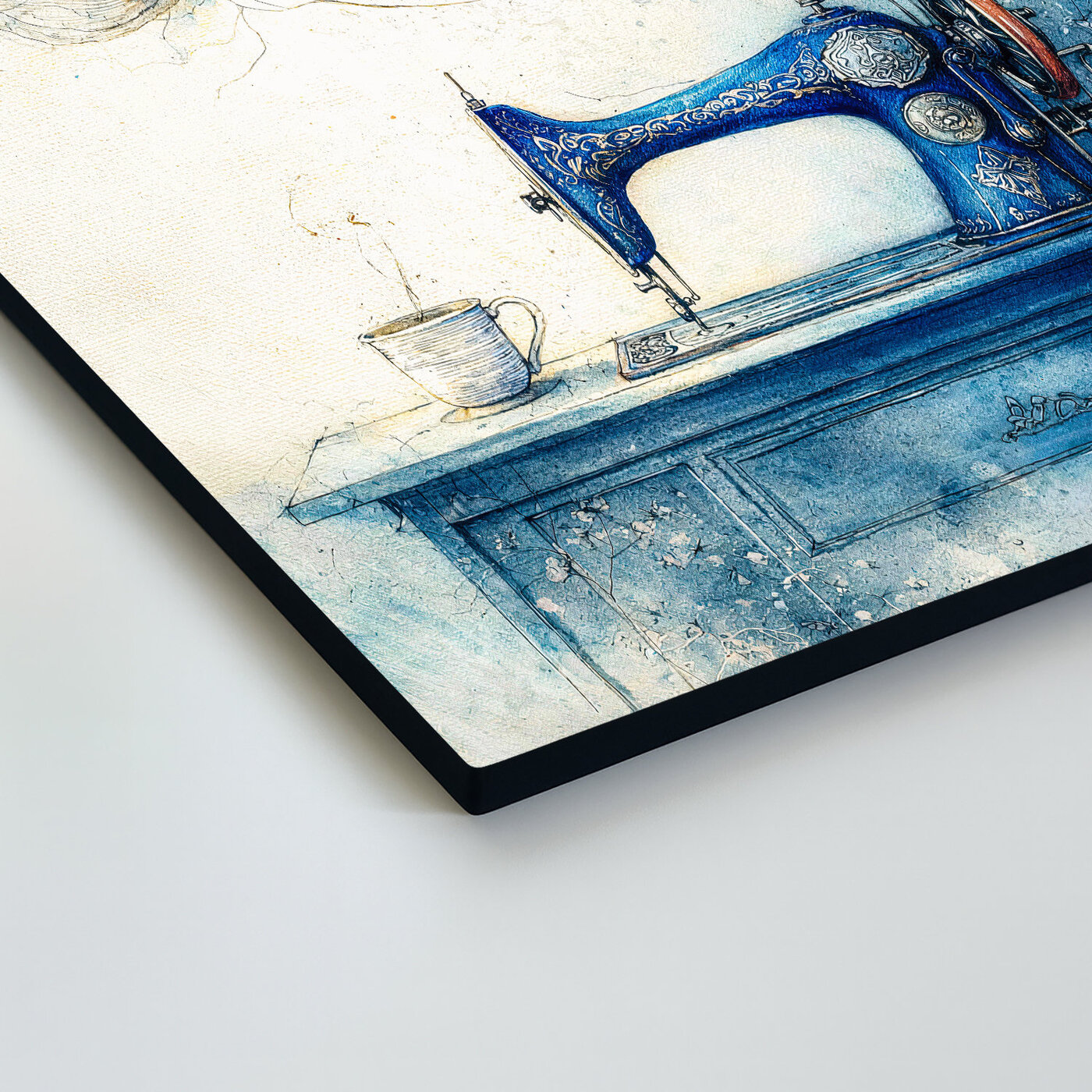 Modrý vintage obraz - Šijací stroj a kvety