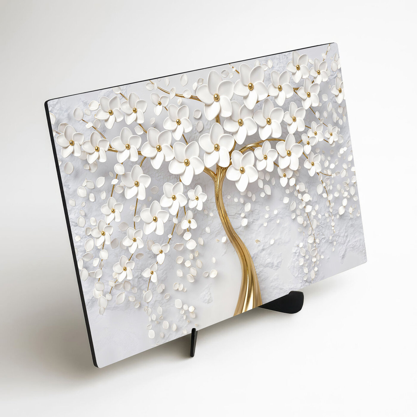 Drevený obraz - Zlatý strom s bielymi kvetmi