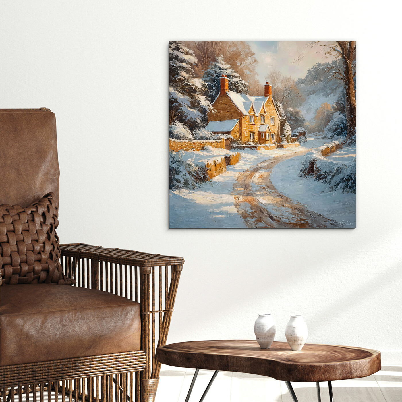 Wooden picture of winter - Snow-covered cottage