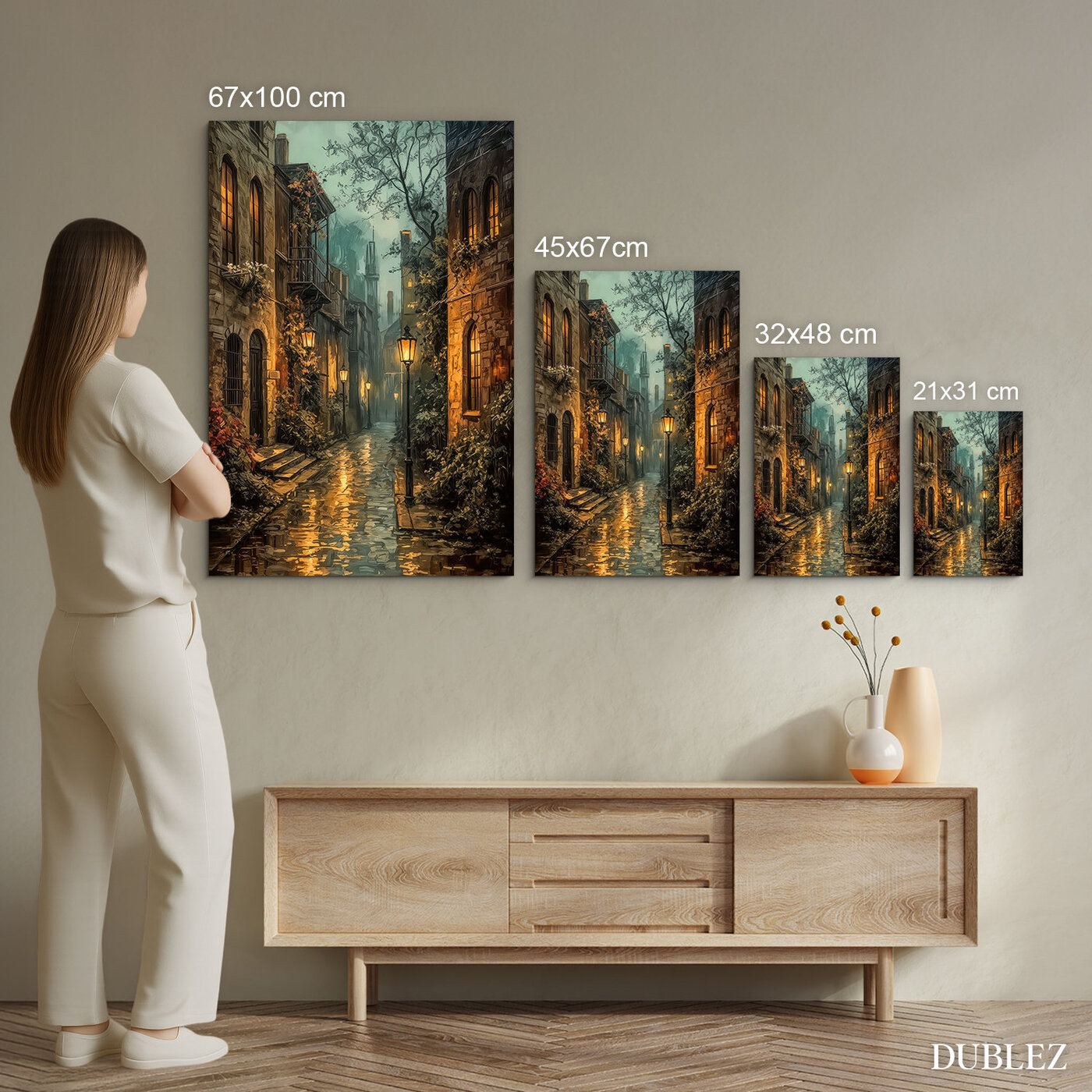 Modern painting on wood - Atmosphere of an evening city