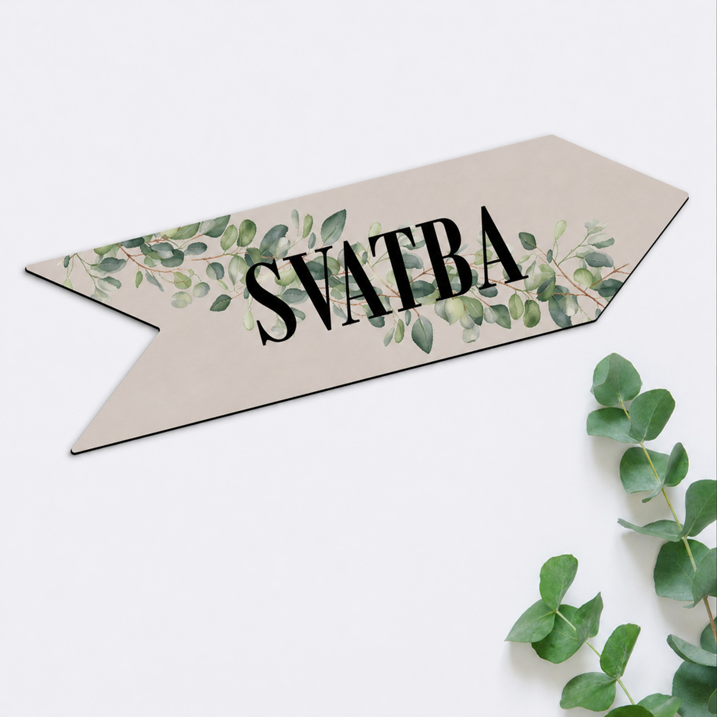 Dřevěná směrová šipka - Svatba a eukalyptus | Kašmír