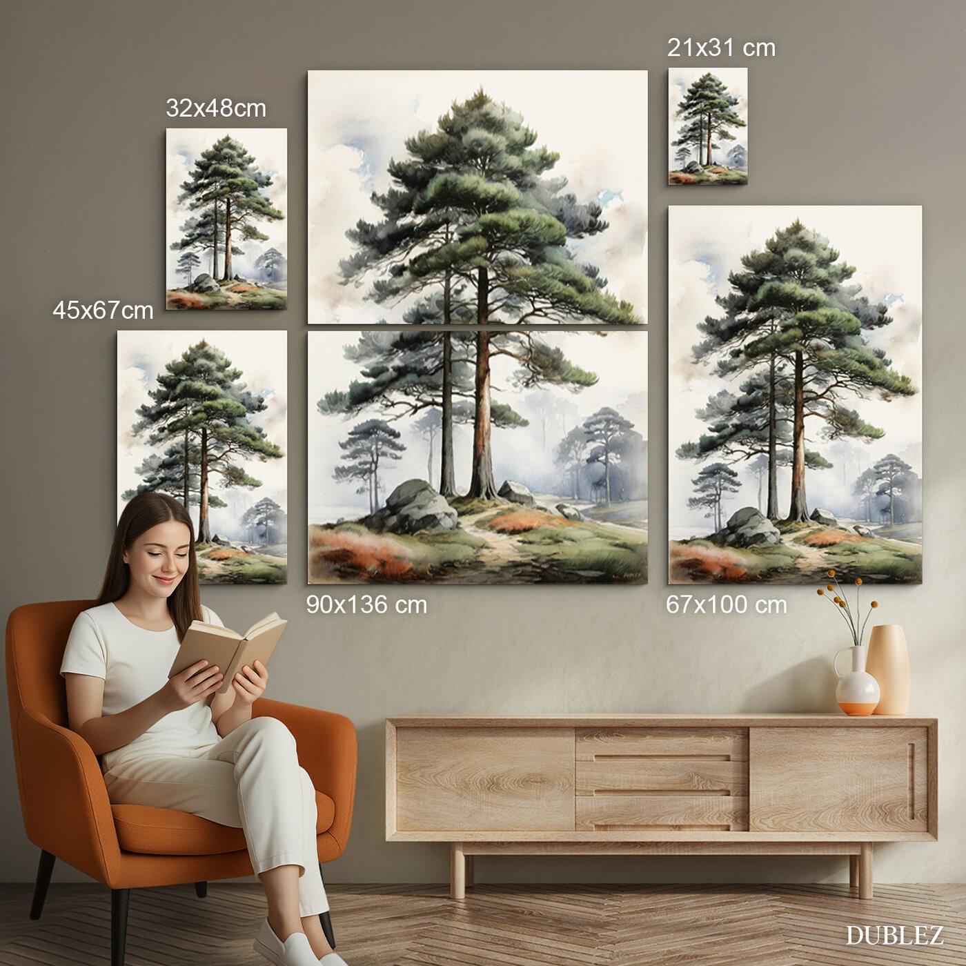 Akvarelový obraz na stenu - Borovice | 90x136 cm