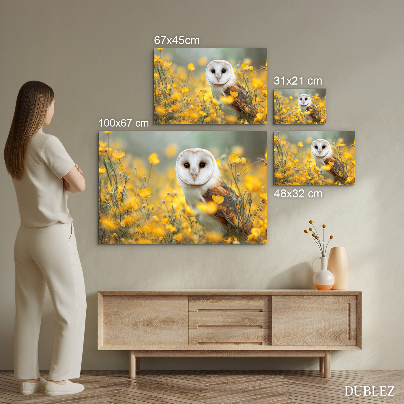 Drevený obraz - Sova v lúčnych kvetoch