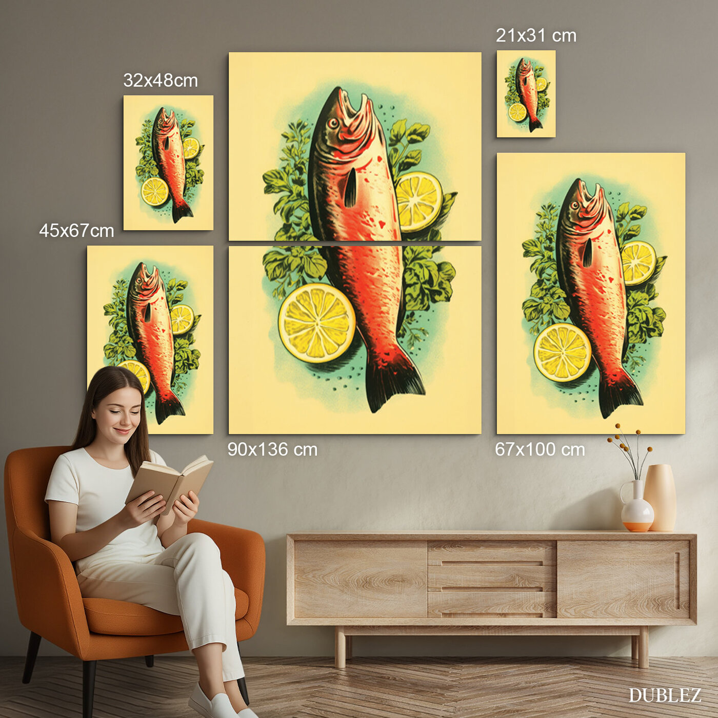 Vintage obraz do kuchyne - Pstruh s citrónom | 90x136 cm