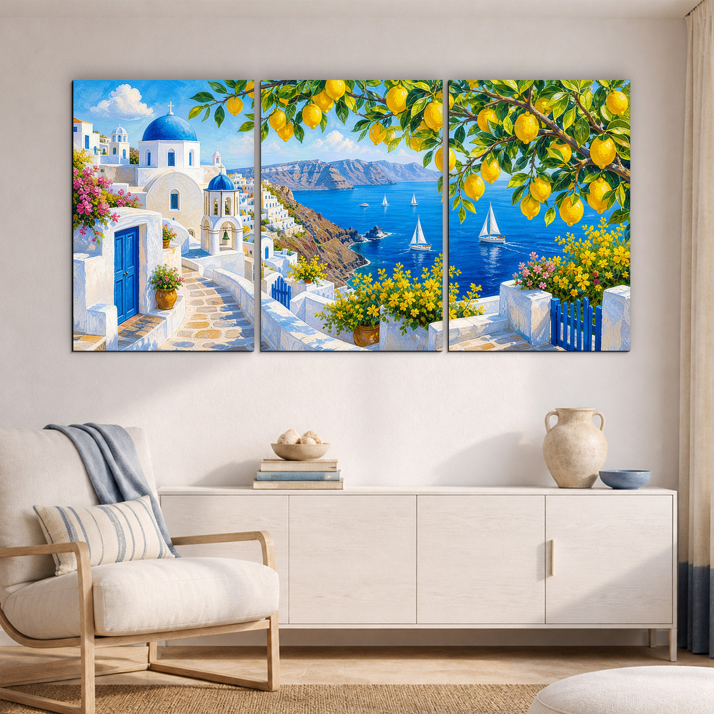 Viacdielny drevený obraz - Santorini s citrónmi