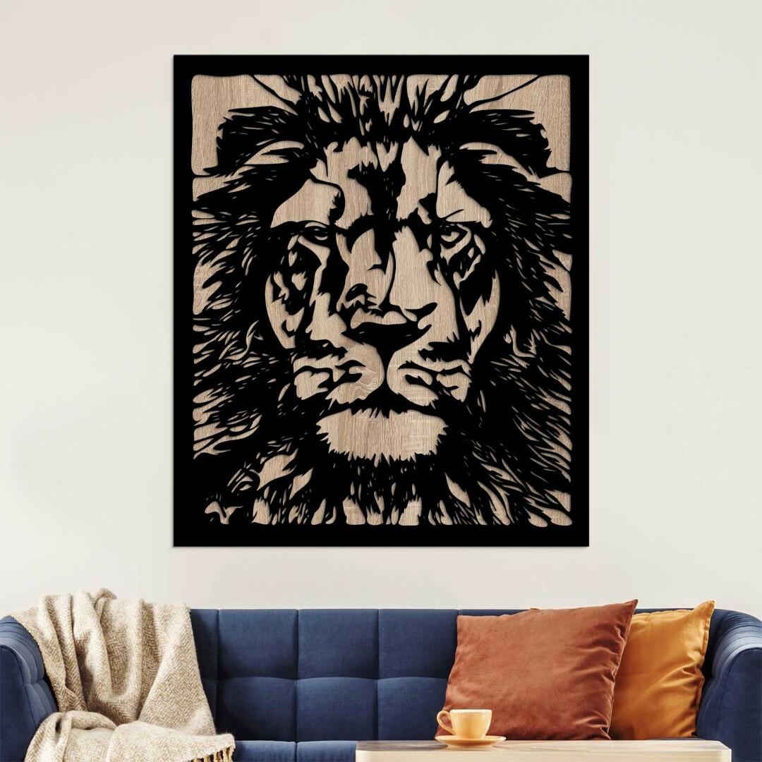 Modern Wooden Wall Art - Lion | Pale wood / Black