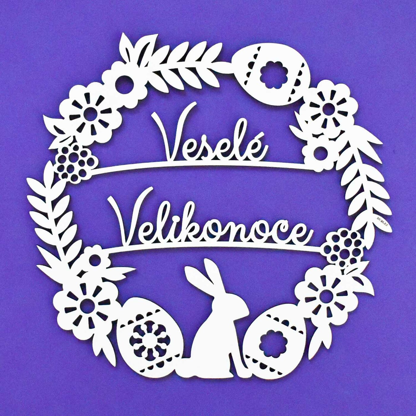 Dřevěný věnec na dveře - Veselé Velikonoce | Bílá