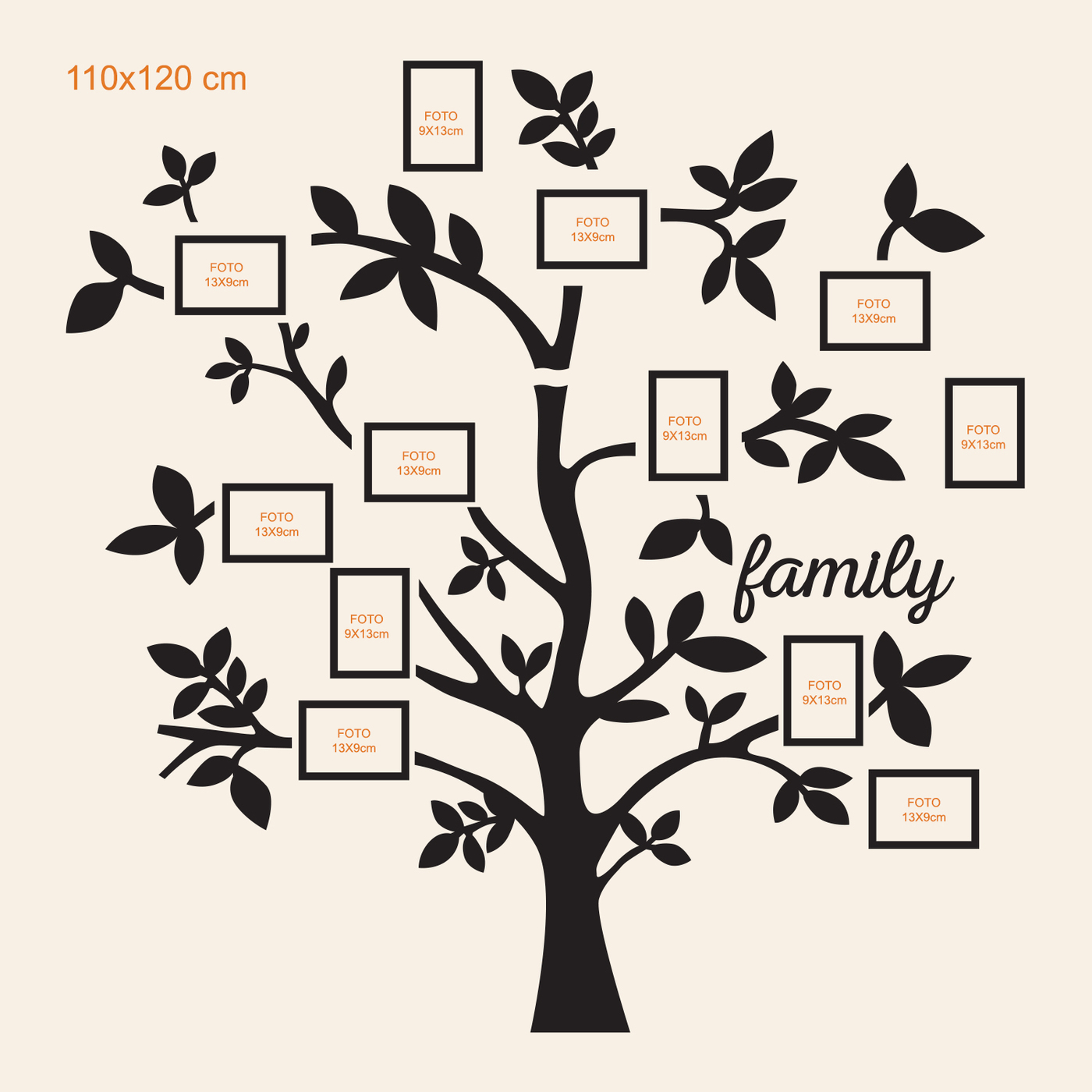 Drevený strom na stenu s fotorámikmi - Family | 110x120 cm