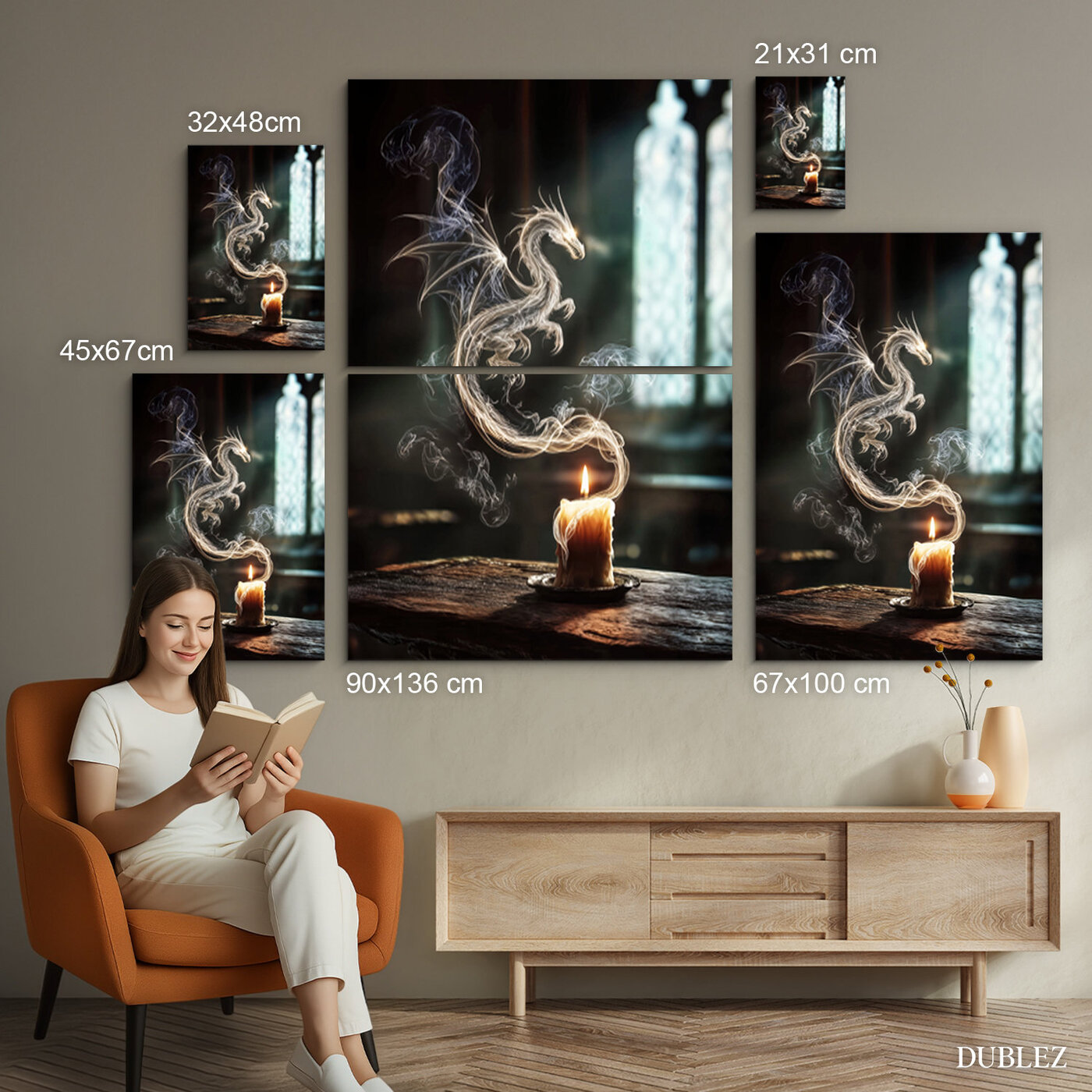 Drevený fantasy obraz - Mystický drak z dymu