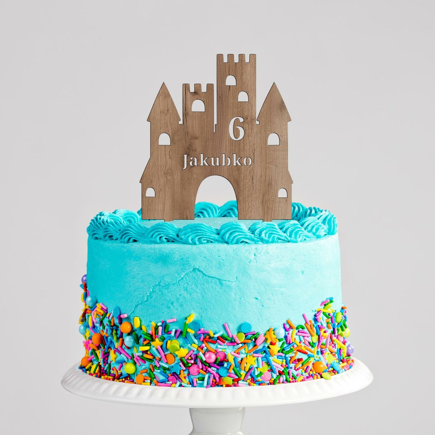 Drevený zápich do torty s menom a vekom - Hrad pre chlapca | Dub tabakový