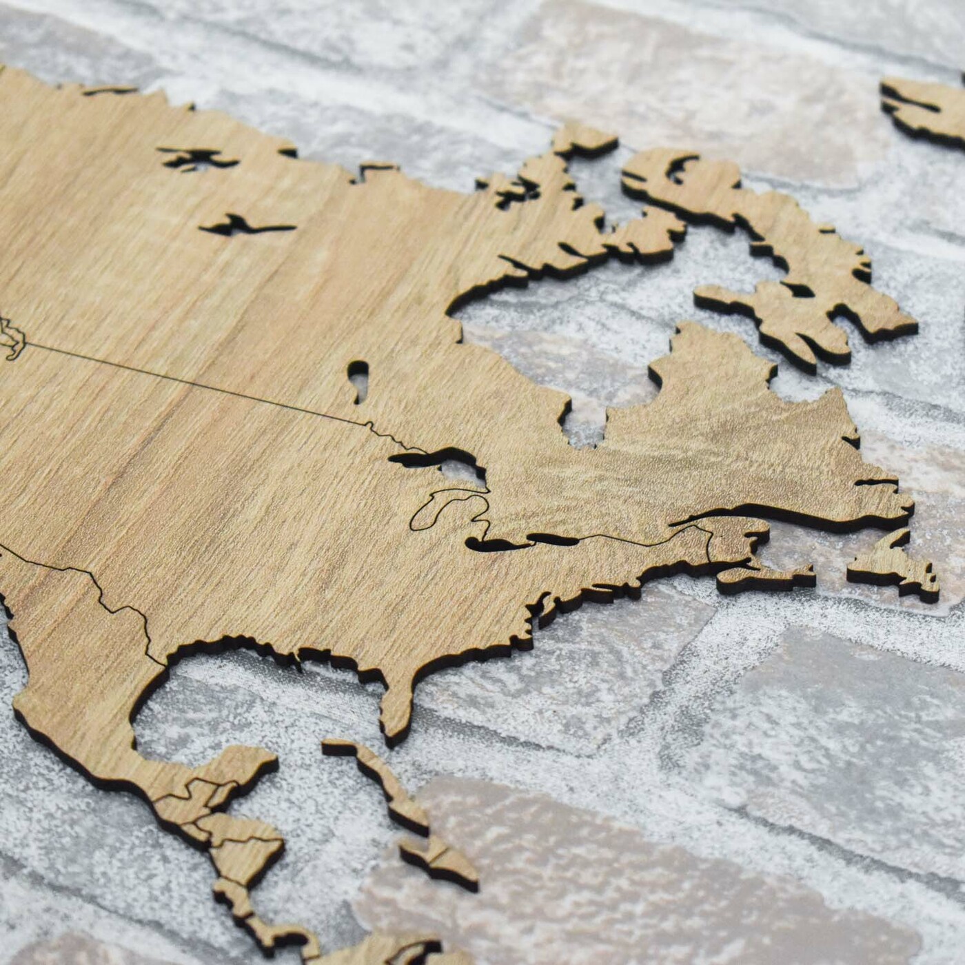Wooden 3D World Map with Marked State Borders | Tobacco Oak