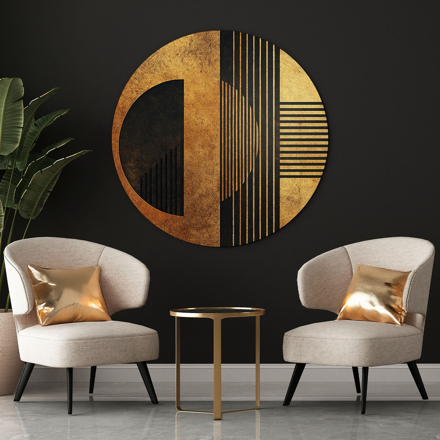 Wooden round picture - Golden geometry