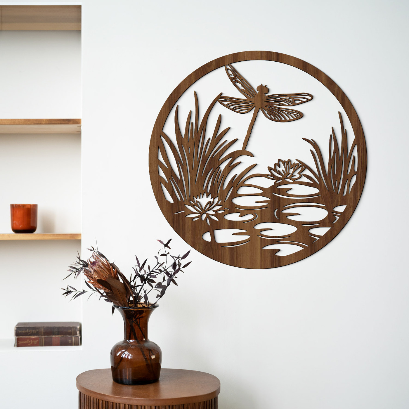 Drevený obraz - Vážka s leknami | Orech