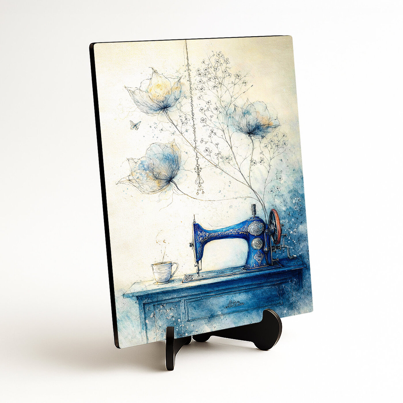 Modrý vintage obraz - Šijací stroj a kvety