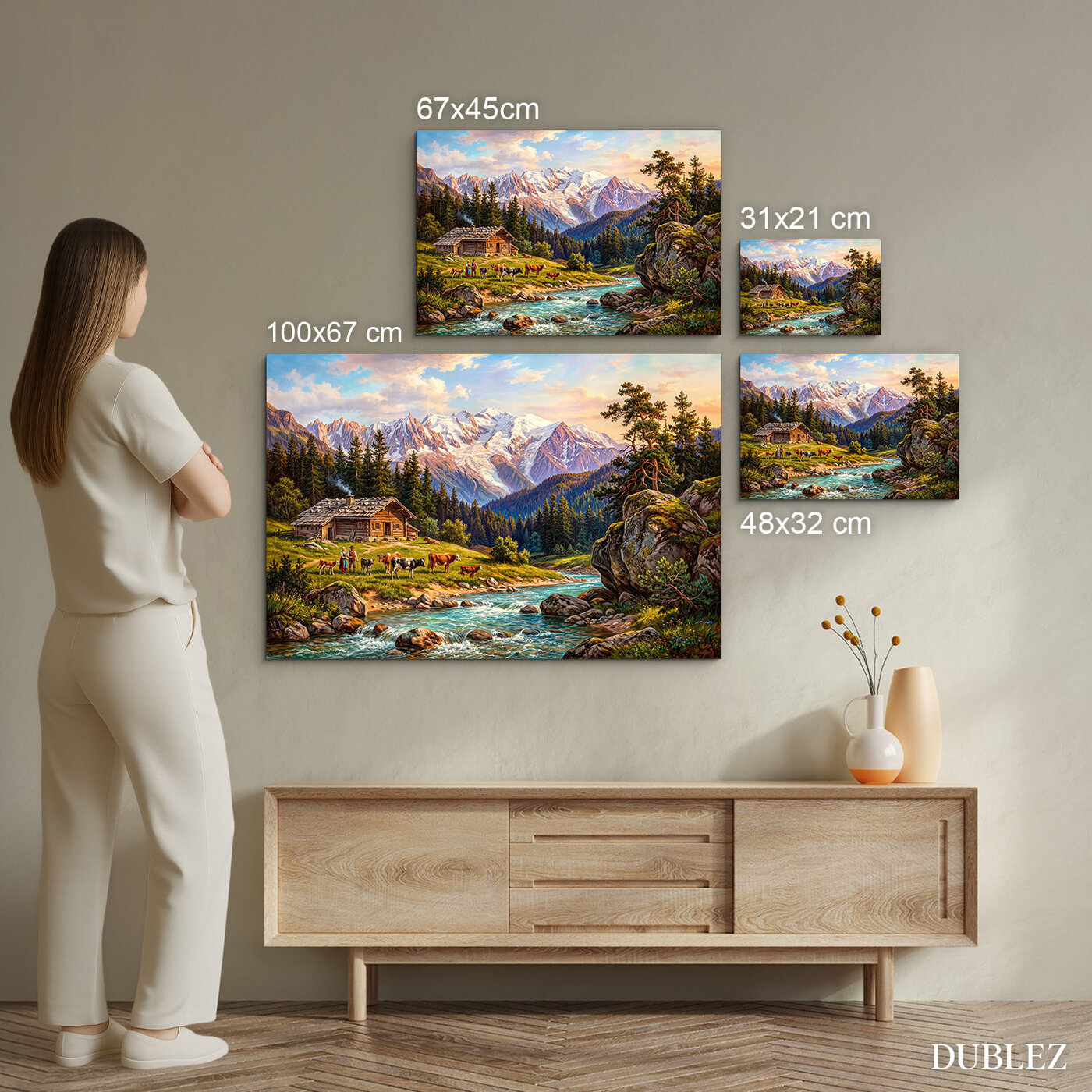 Drevený obraz - Alpská krajina s chalupou