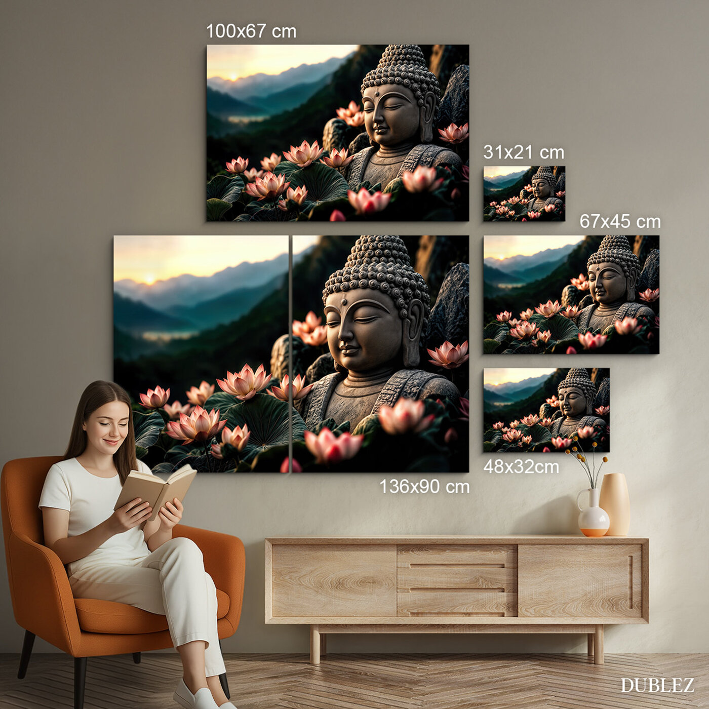 Drevený nástenný obraz - Buddha s lotosom | 136x90 cm