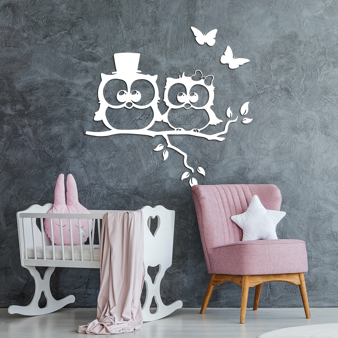 Sticker for Children&#039;s Room - Owls on a Branch | White