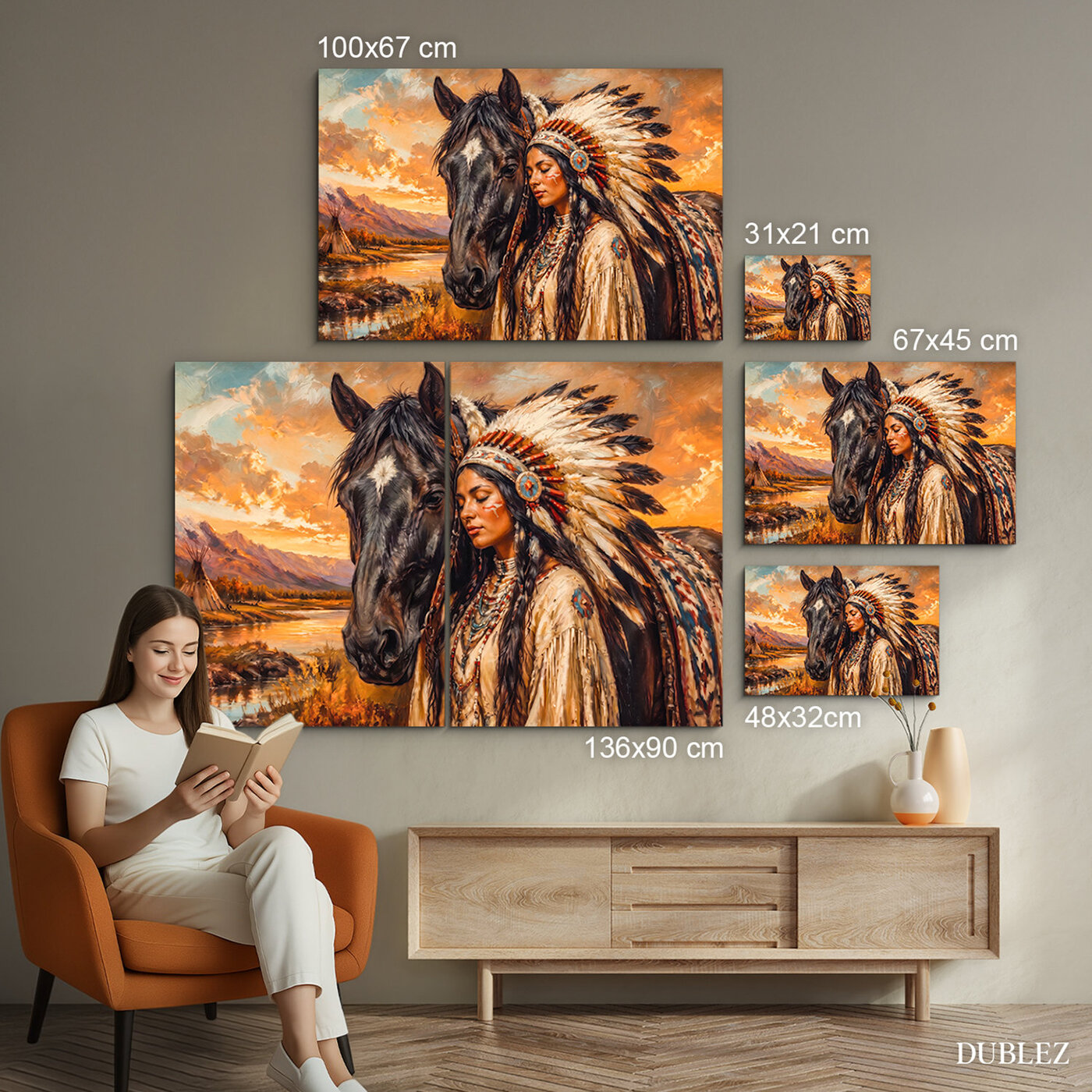 Drevený obraz indiánky s koňom - Divoký západ | 136x90 cm