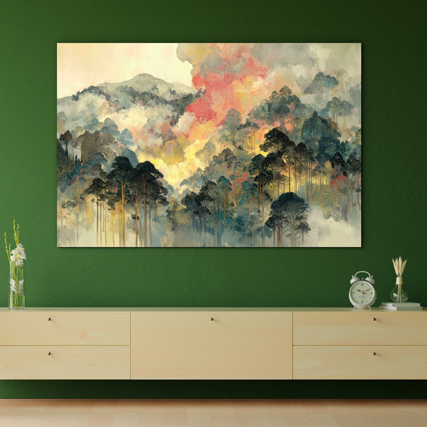 Abstraktný obraz lesa - Hmla nad krajinou