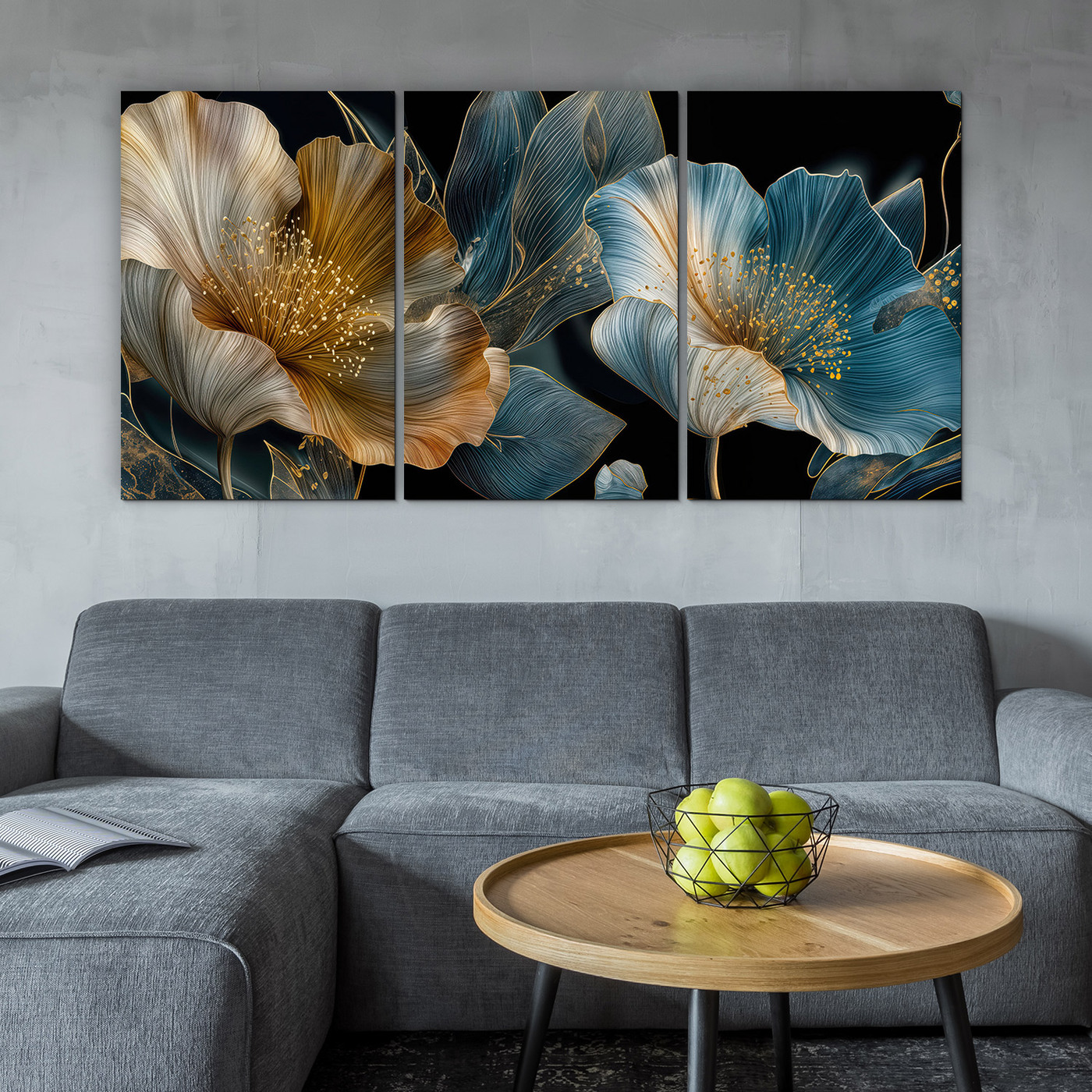 3-dielny glamour obraz - Veľké kvety