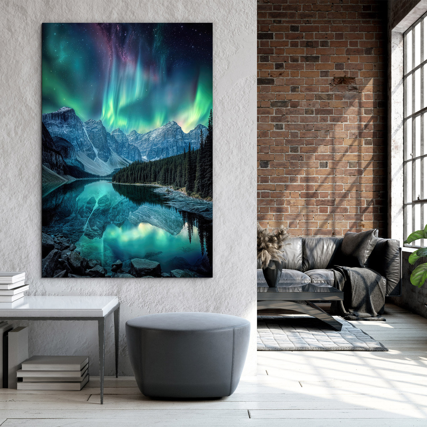 Dřevěný obraz hor - Polární záře