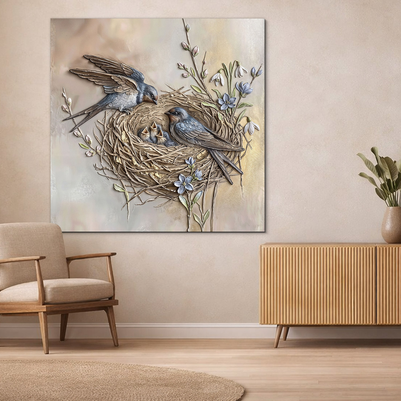 Fából készült falikép - Madarak a fészekben