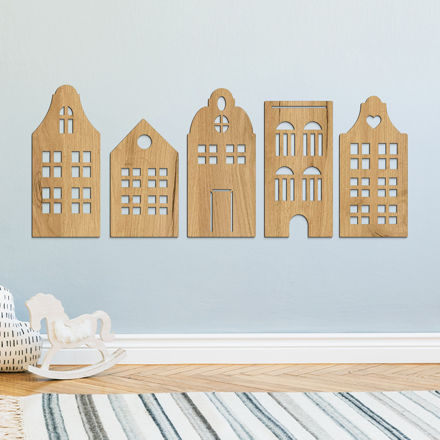Dřevěné 3D domečky na stěnu (5 ks) | Dub zlatý
