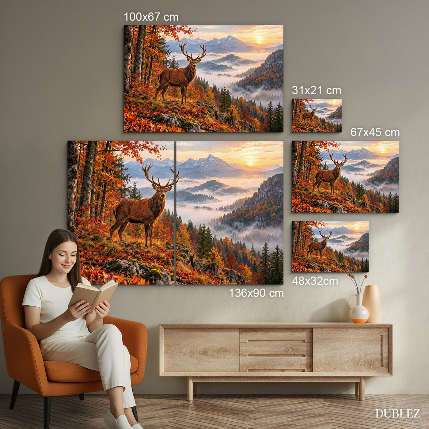 Poľovnícky obraz na dreve - Jeleň v jesennom lese | 136x90 cm