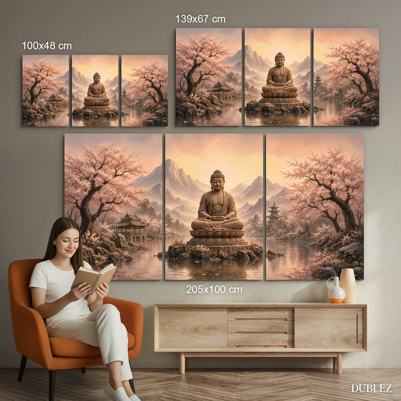 Tablou Budha în 3 părți - Liniște în sakura
