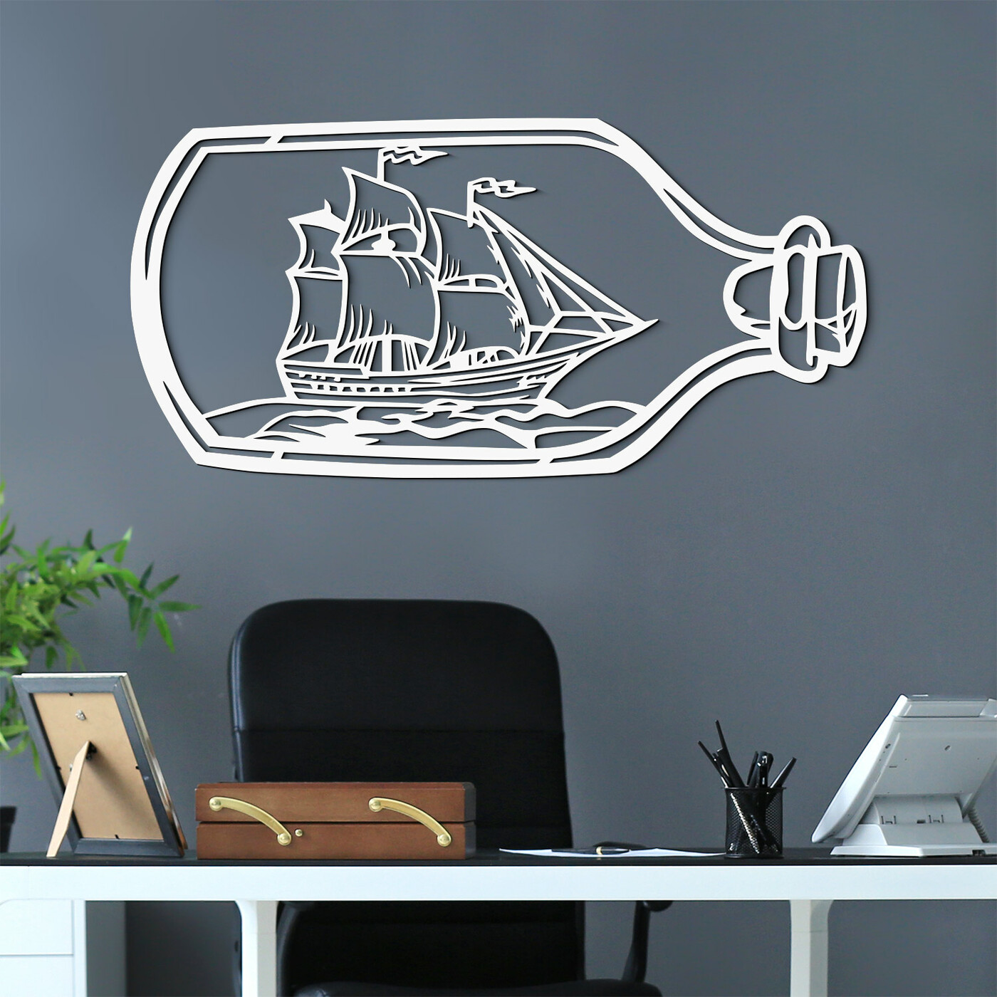 Cut-Out Wooden Wall Art - Ship in a Bottle | White
