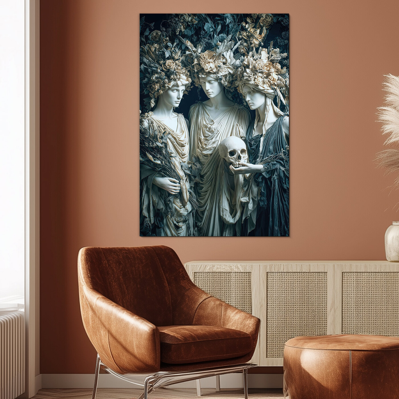 Drevený obraz antických sudičiek - Memento mori