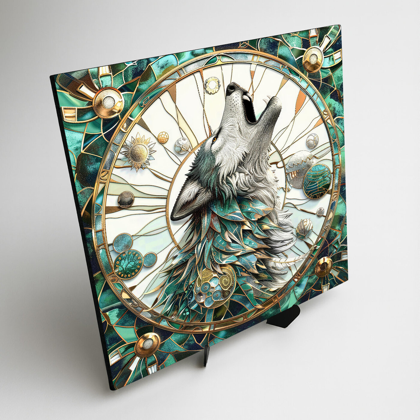 Dřevěný obraz vlka - Mystická vitráž