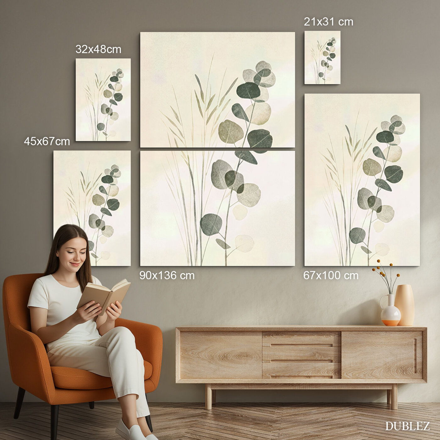 Boho painting-style image - Eucalyptus stems | 90x136 cm