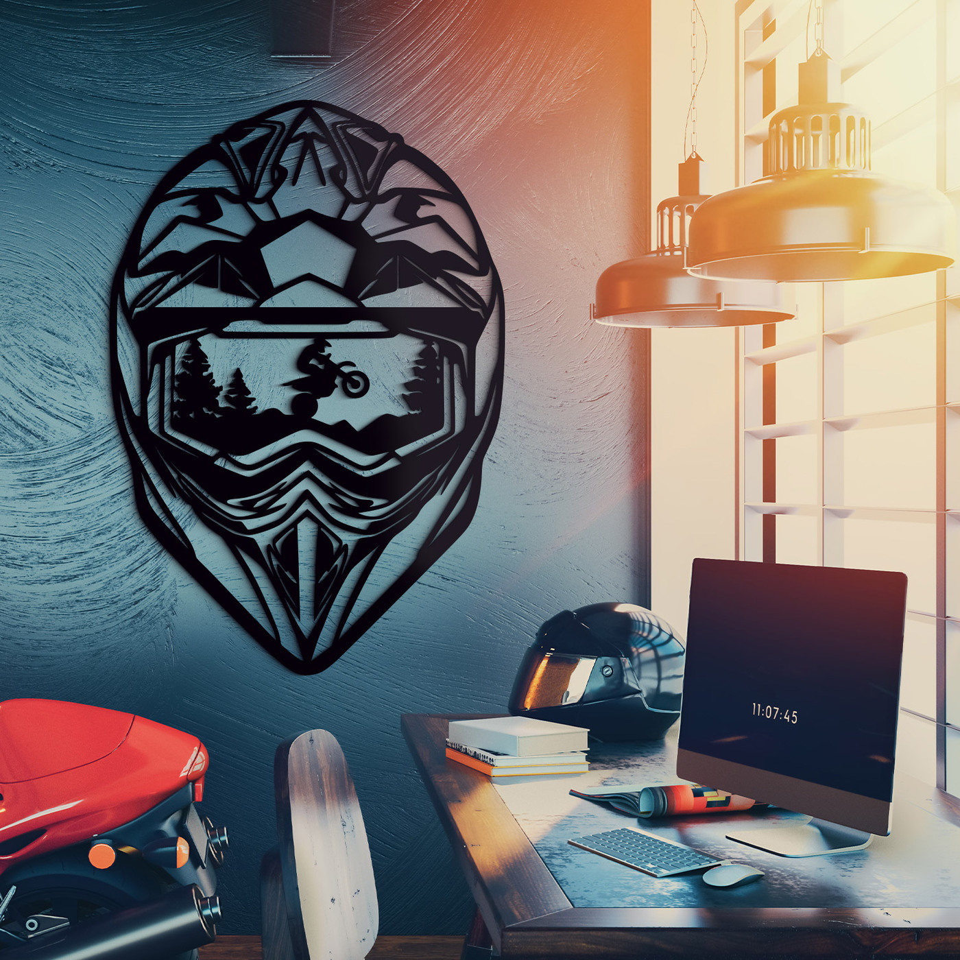 Vyrezávaný obraz na stenu - Motokrosová prilba | Čierna