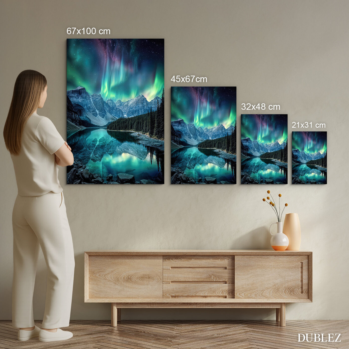 Dřevěný obraz hor - Polární záře