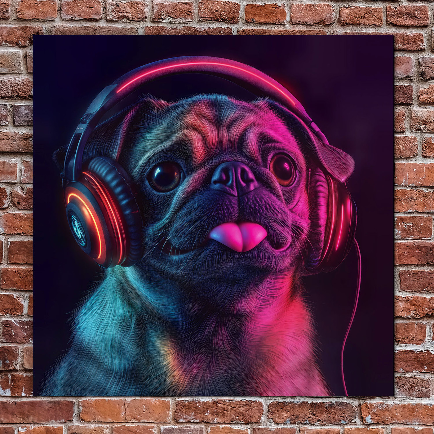 Neónový obraz - Mopslík so slúchadlami