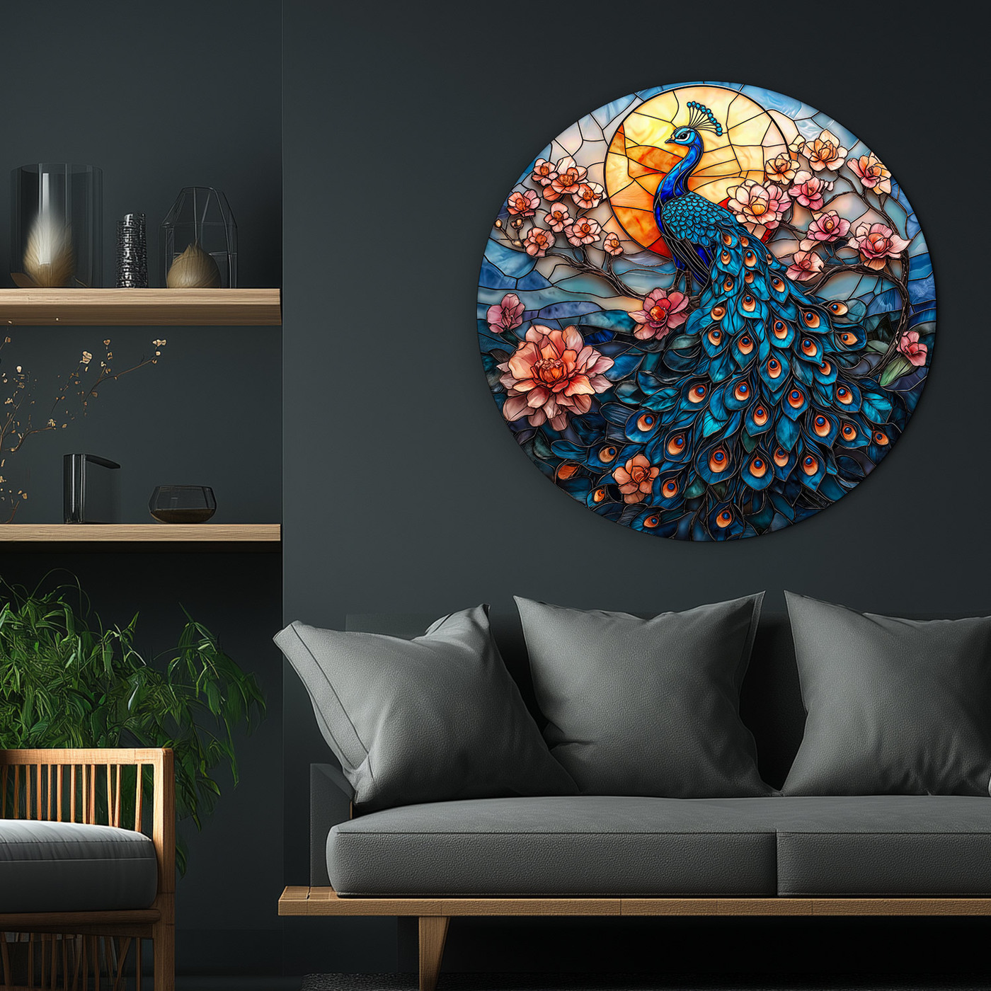 Tablou vitral rotund - Păun