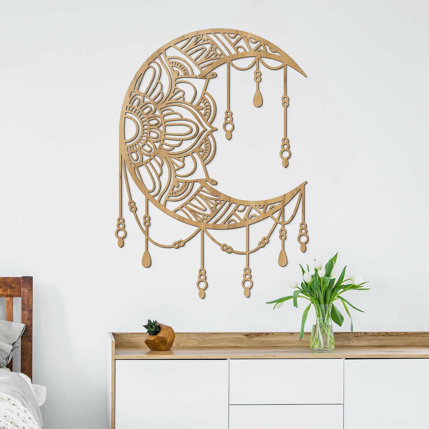 Velký lapač snů na zeď - Mandala Moon | Dub zlatý
