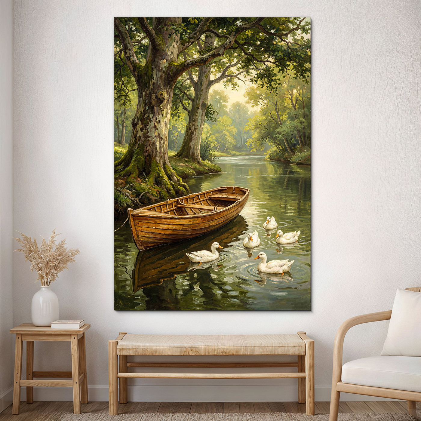 Maľovaný obraz do obývačky - Čln s kačkami
