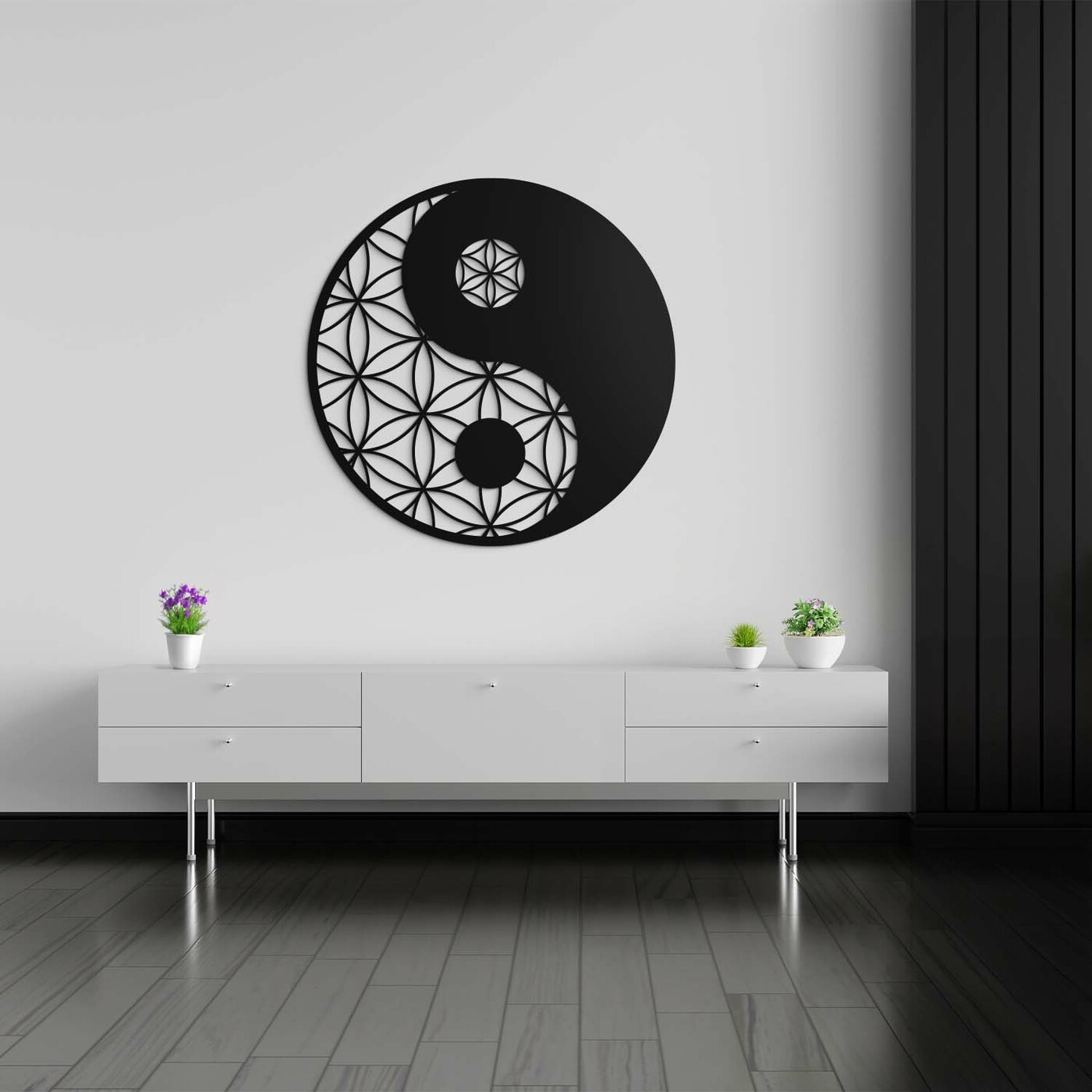 Wooden Mandala Flower of Life - Yin Yang | Black
