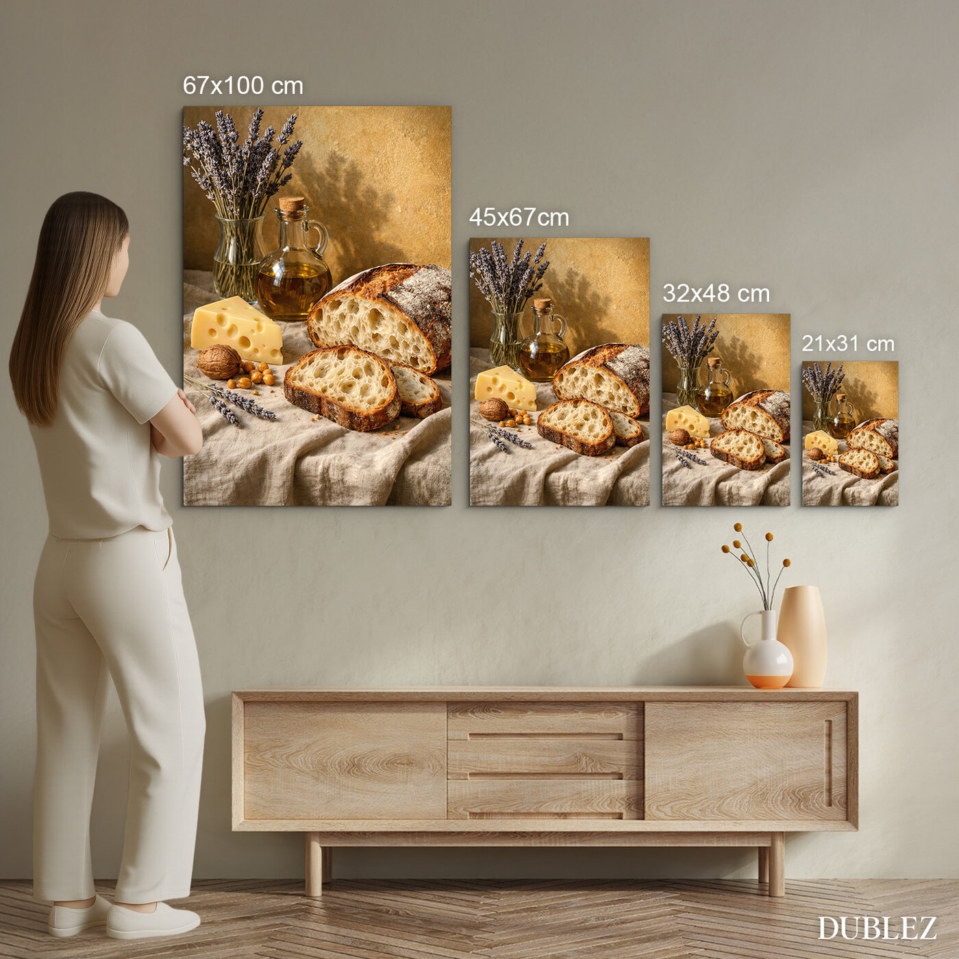 Vintage obraz do jedálne - Chlieb, syr a levanduľa