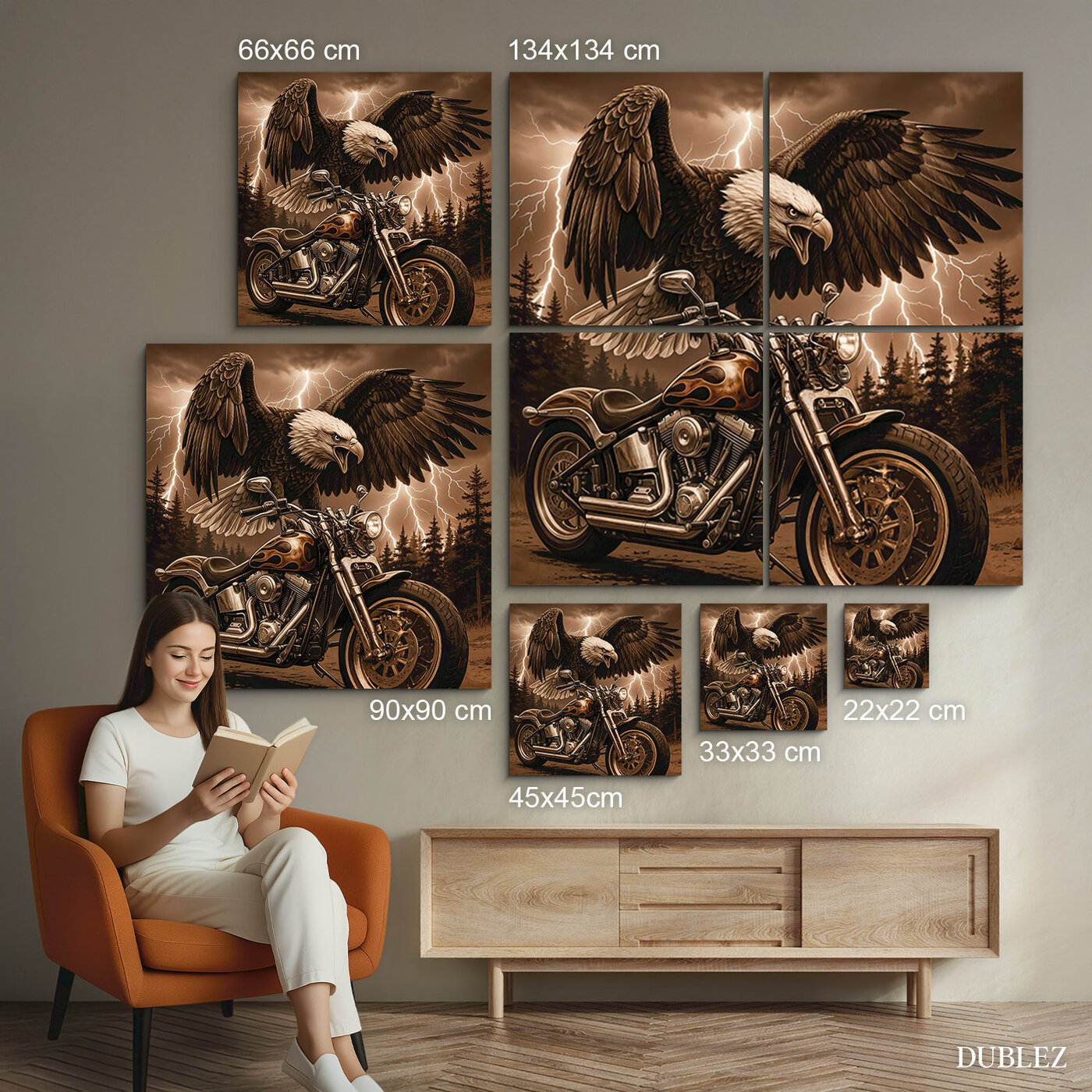 Fa motorkás kép - Sas és chopper | 134x134 cm